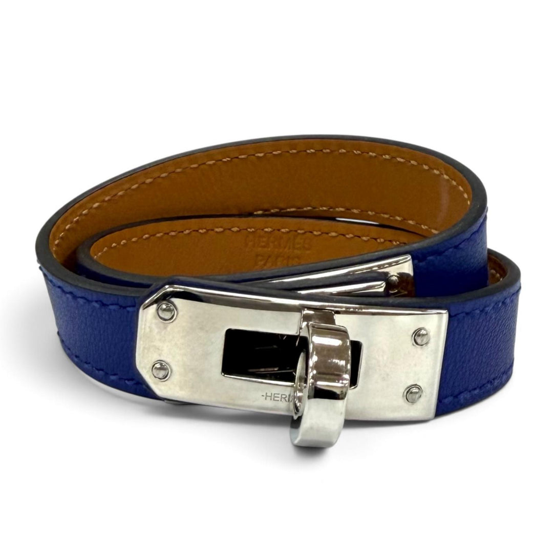 Excellent HERMES bracelet Leather bracelet Kelly Double Tour kelly buckle blue