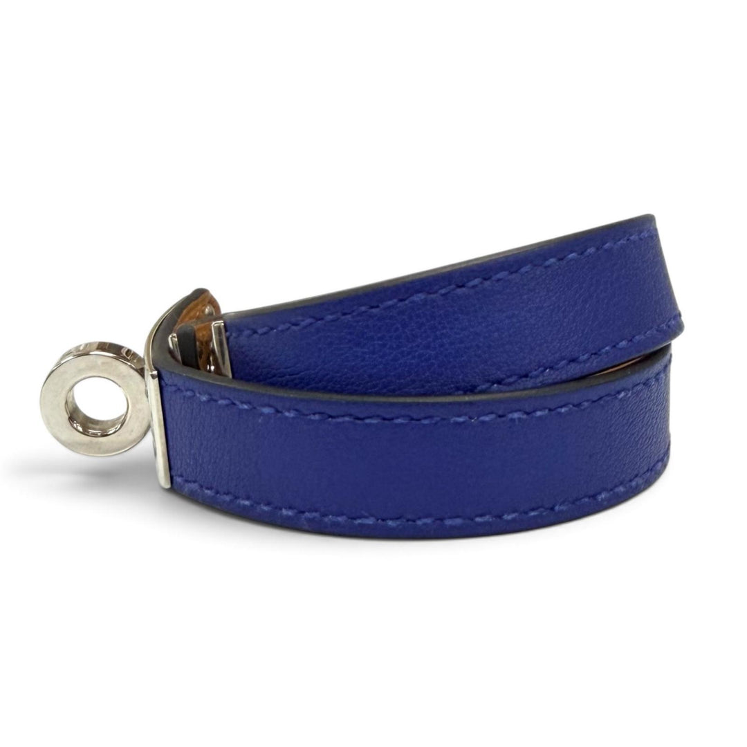 Excellent HERMES bracelet Leather bracelet Kelly Double Tour kelly buckle blue