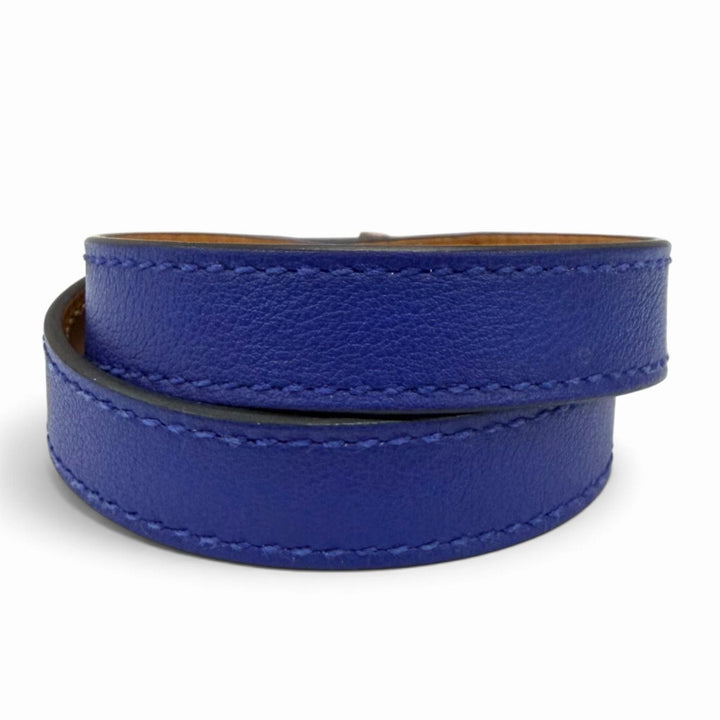 Excellent HERMES bracelet Leather bracelet Kelly Double Tour kelly buckle blue