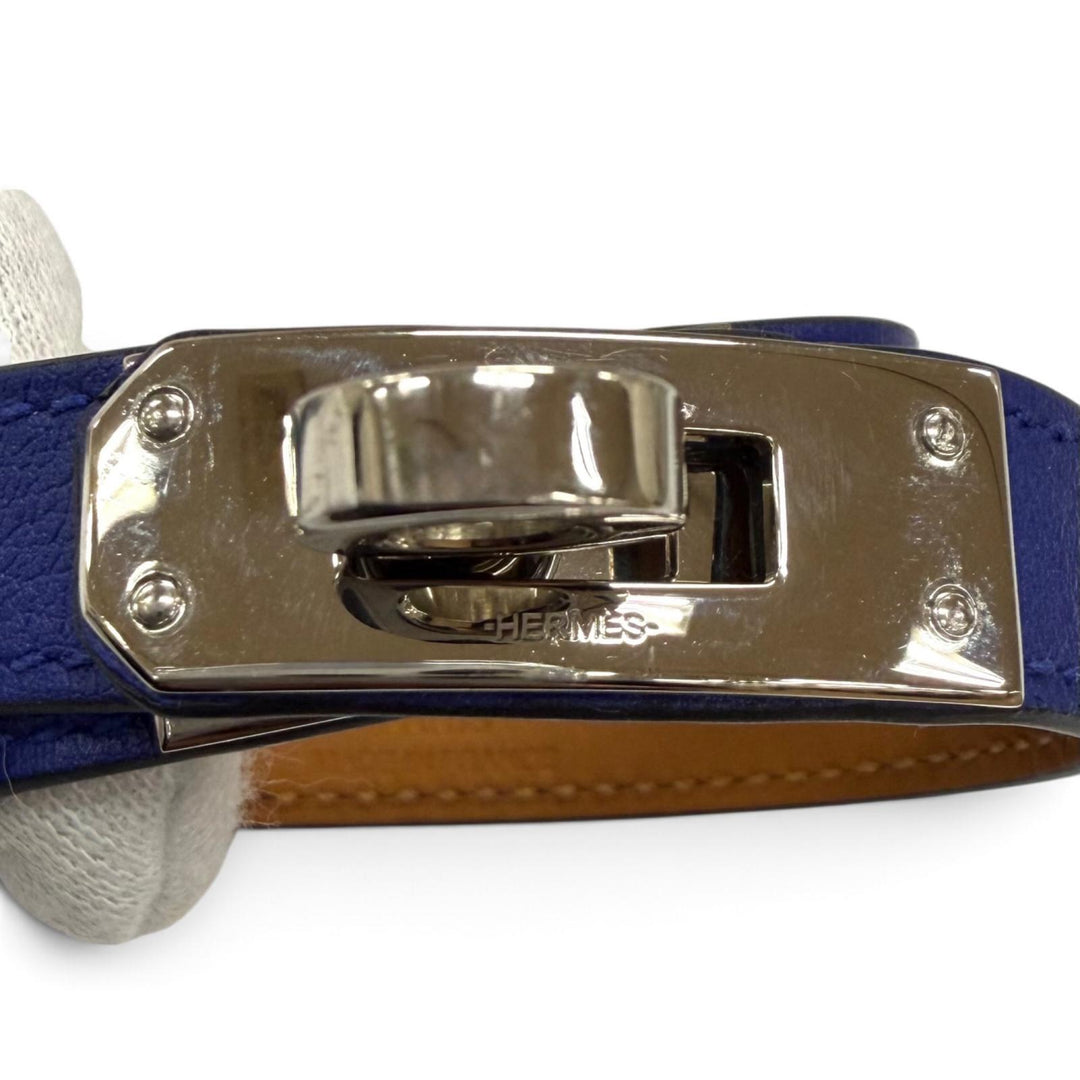 Excellent HERMES bracelet Leather bracelet Kelly Double Tour kelly buckle blue