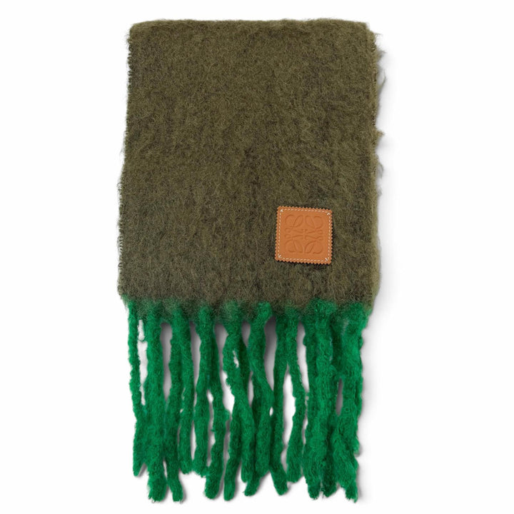 Excellent LOEWE Scarf Anagram Leather Patch Fringe khaki mohair Women