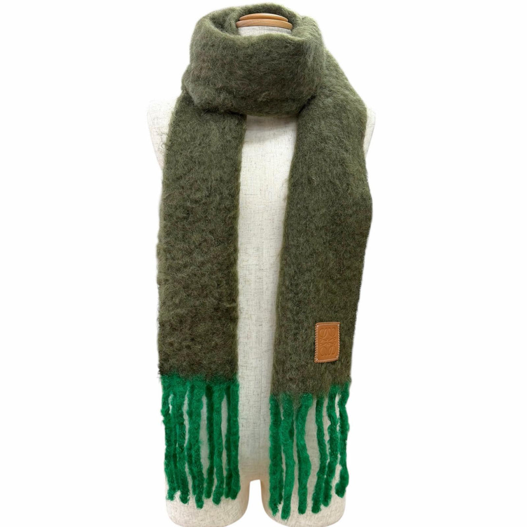 Excellent LOEWE Scarf Anagram Leather Patch Fringe khaki mohair Women
