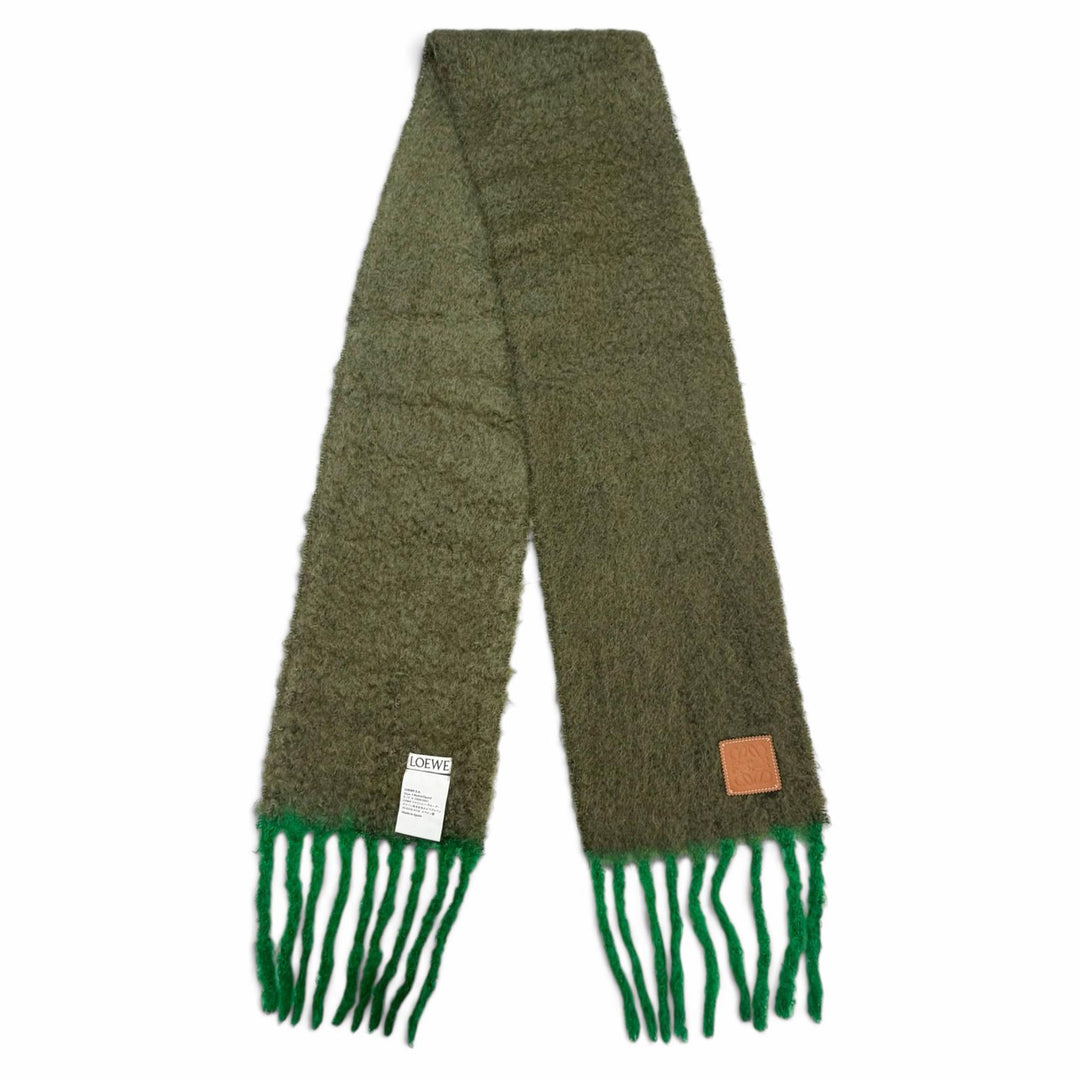 Excellent LOEWE Scarf Anagram Leather Patch Fringe khaki mohair Women