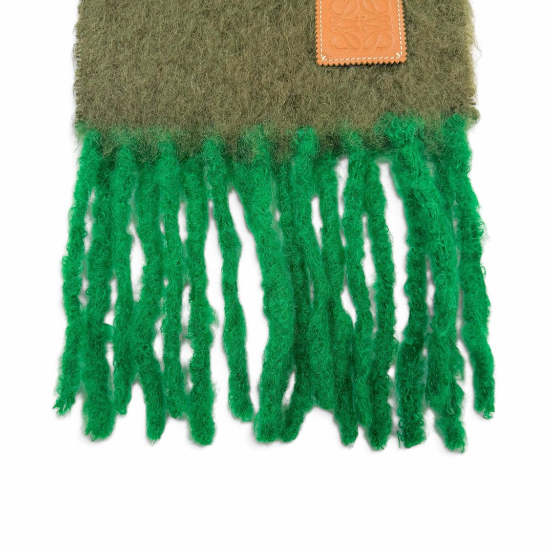 Excellent LOEWE Scarf Anagram Leather Patch Fringe khaki mohair Women