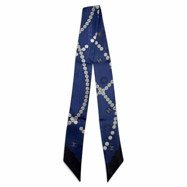 Pristine CHANEL scarf COCO Mark Logo Pearl Motif Twilly Navy silk Women