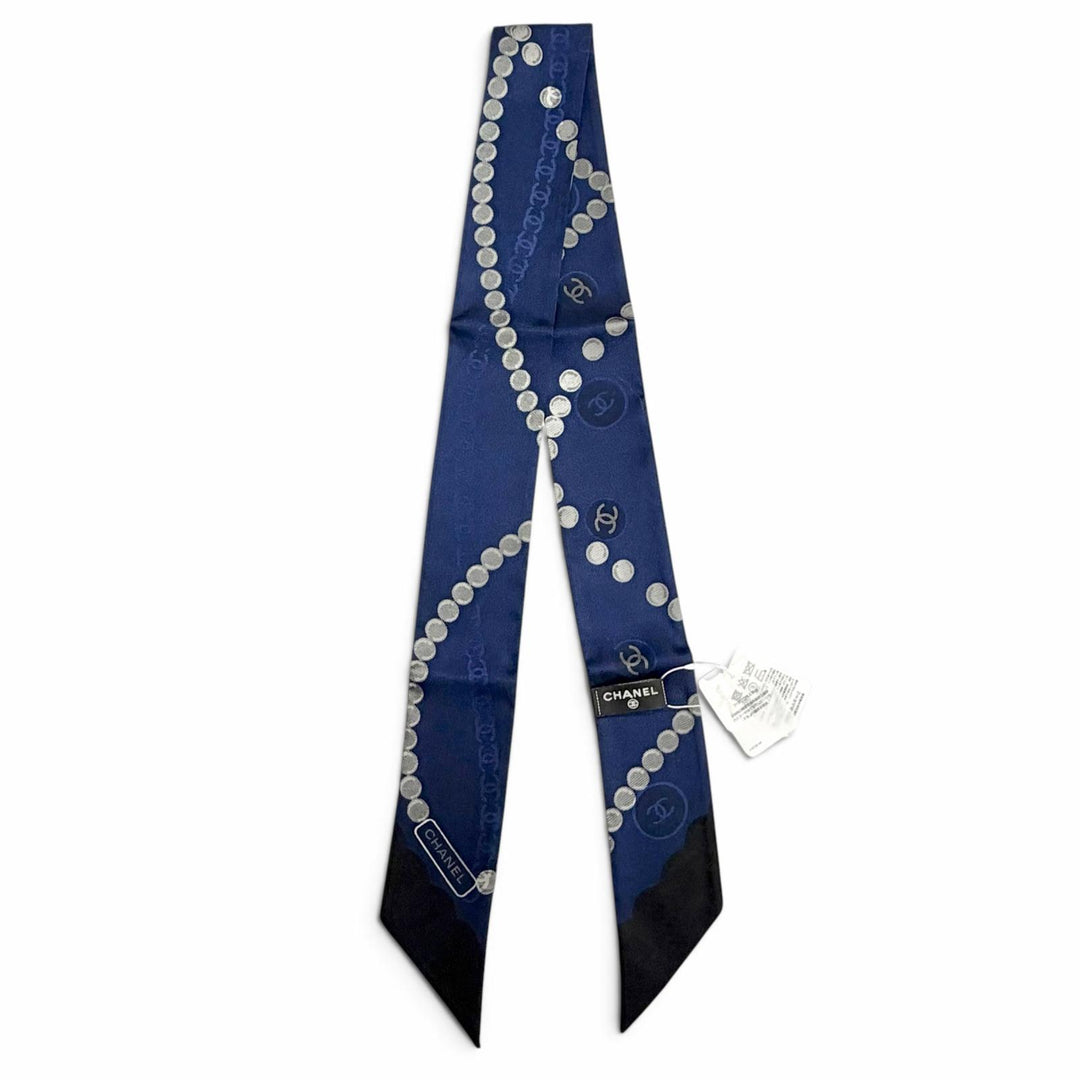 Pristine CHANEL scarf COCO Mark Logo Pearl Motif Twilly Navy silk Women