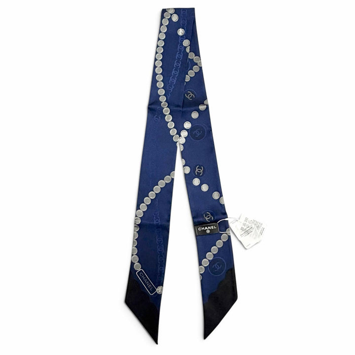Pristine CHANEL scarf COCO Mark Logo Pearl Motif Twilly Navy silk Women