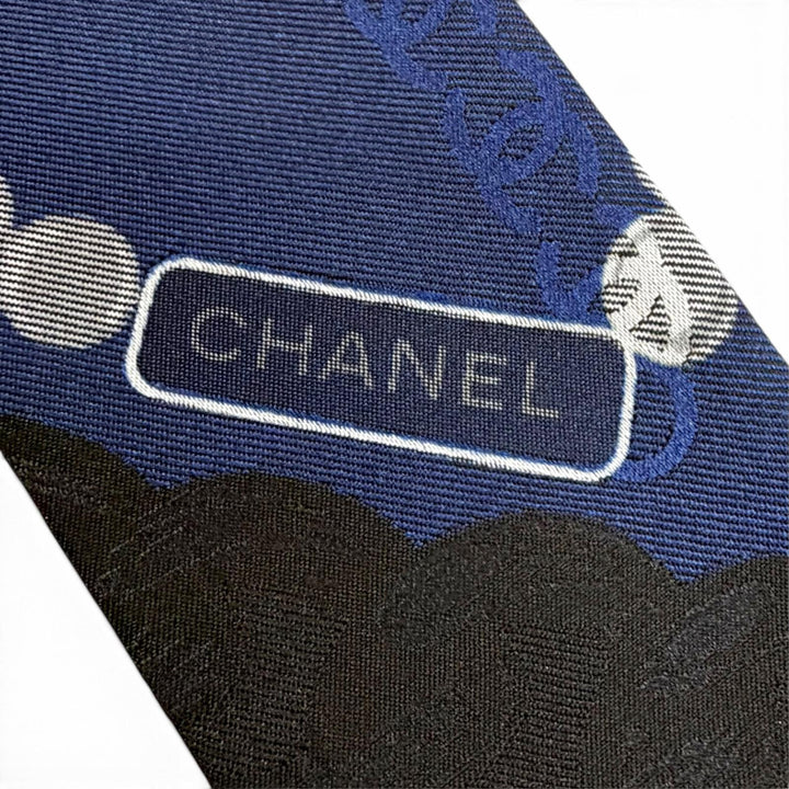 Pristine CHANEL scarf COCO Mark Logo Pearl Motif Twilly Navy silk Women