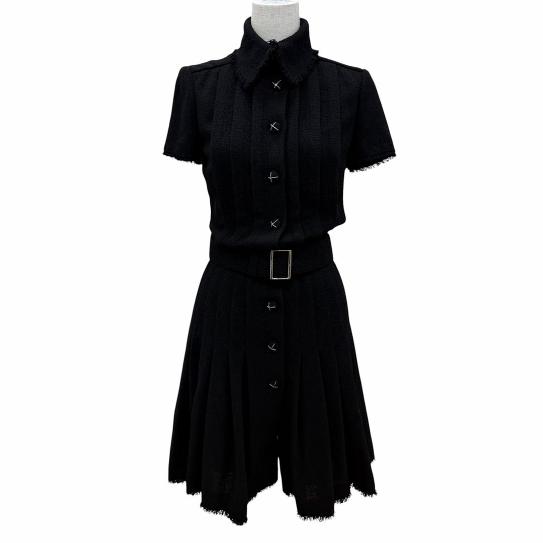 Excellent CHANEL one piece COCO Mark button logo belt tweed black 34 07A P31961