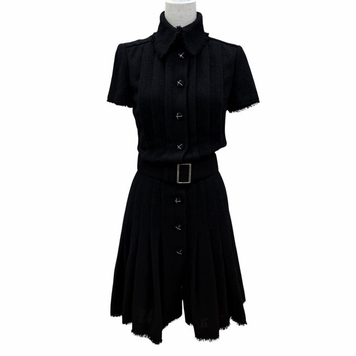 Excellent CHANEL one piece COCO Mark button logo belt tweed black 34 07A P31961