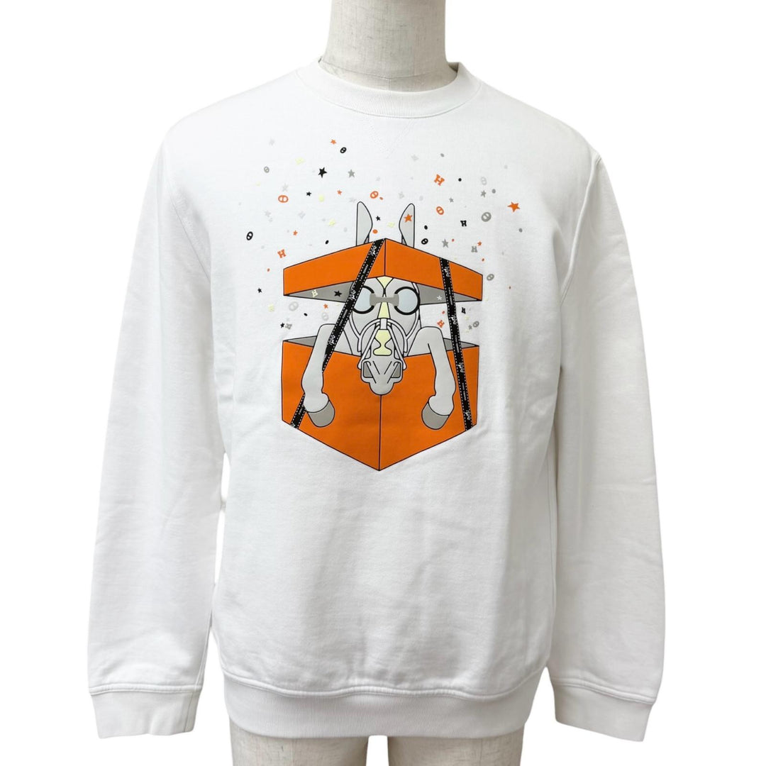 Excellent HERMES sweat Surprise Box Horse Print white cotton mens L