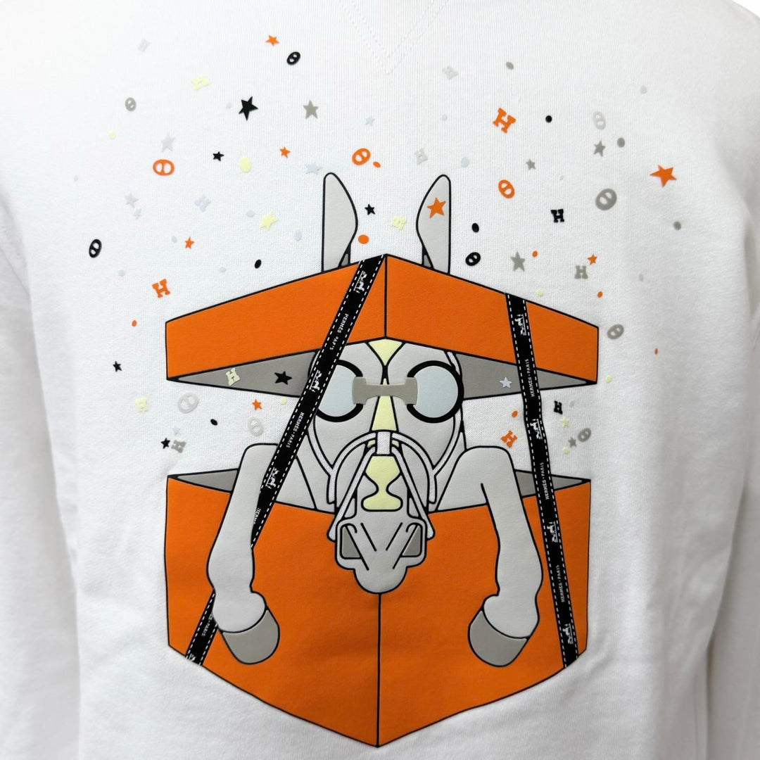 Excellent HERMES sweat Surprise Box Horse Print white cotton mens L