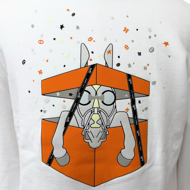 Excellent HERMES sweat Surprise Box Horse Print white cotton mens L