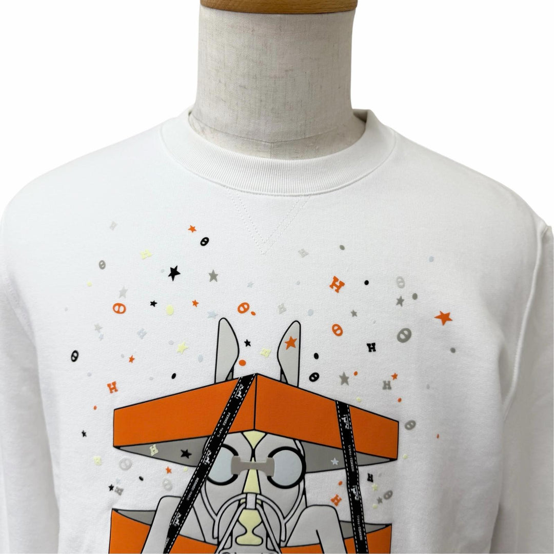 Excellent HERMES sweat Surprise Box Horse Print white cotton mens L