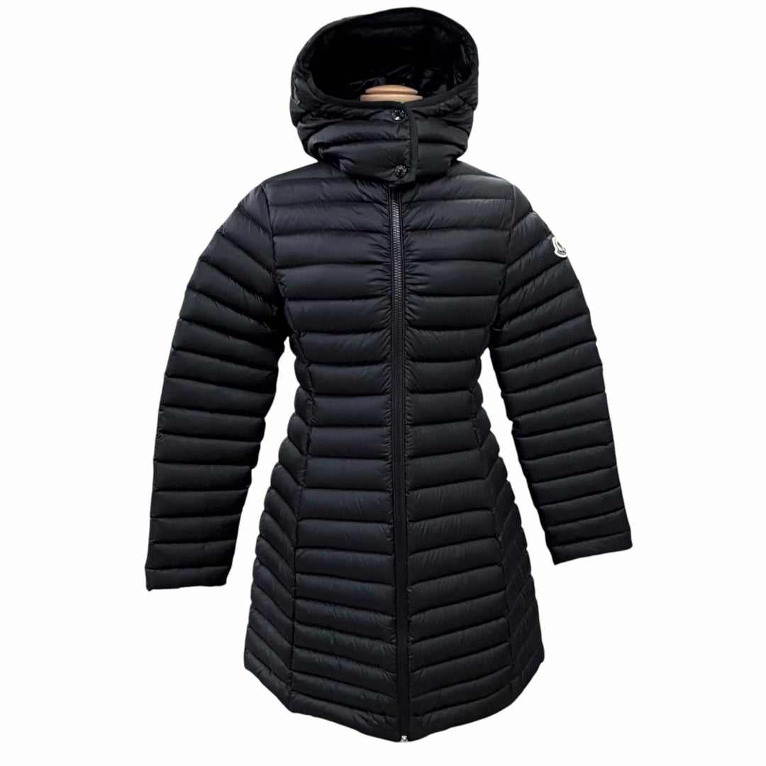 Pristine MONCLER down coat IGELONG Logo patch Hooded black Nylon Women 00