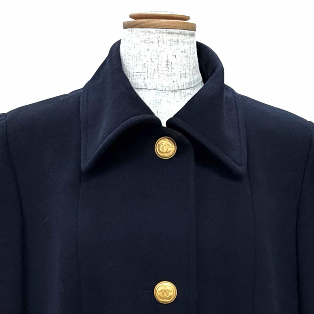 Excellent CHANEL coat Coco Gold Button Long Dark navy cashmere FR 38 96A P08340