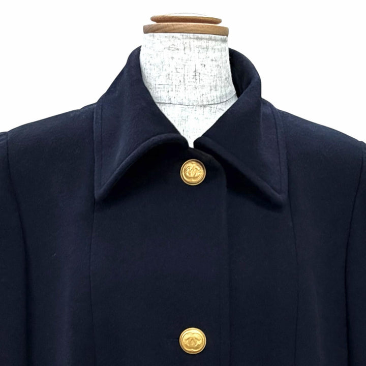 Excellent CHANEL coat Coco Gold Button Long Dark navy cashmere FR 38 96A P08340