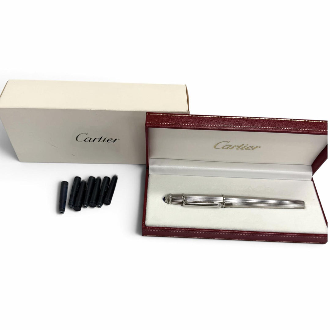 Excellent Cartier fountain pen Striped Pattern Silver 18K mens