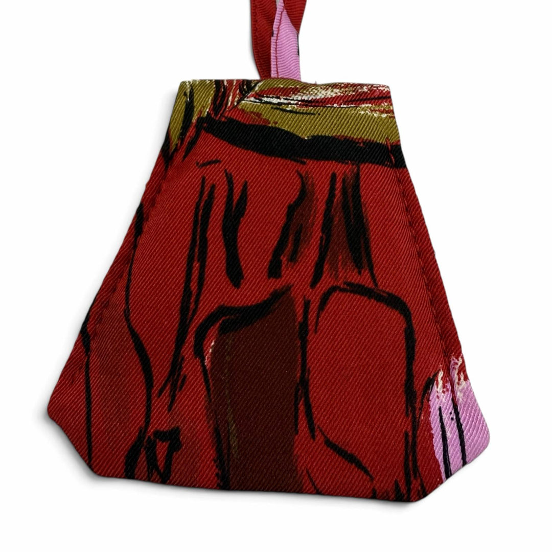 Excellent HERMES Clochette Necklace Mirror Pendant Accessory Red silk Women