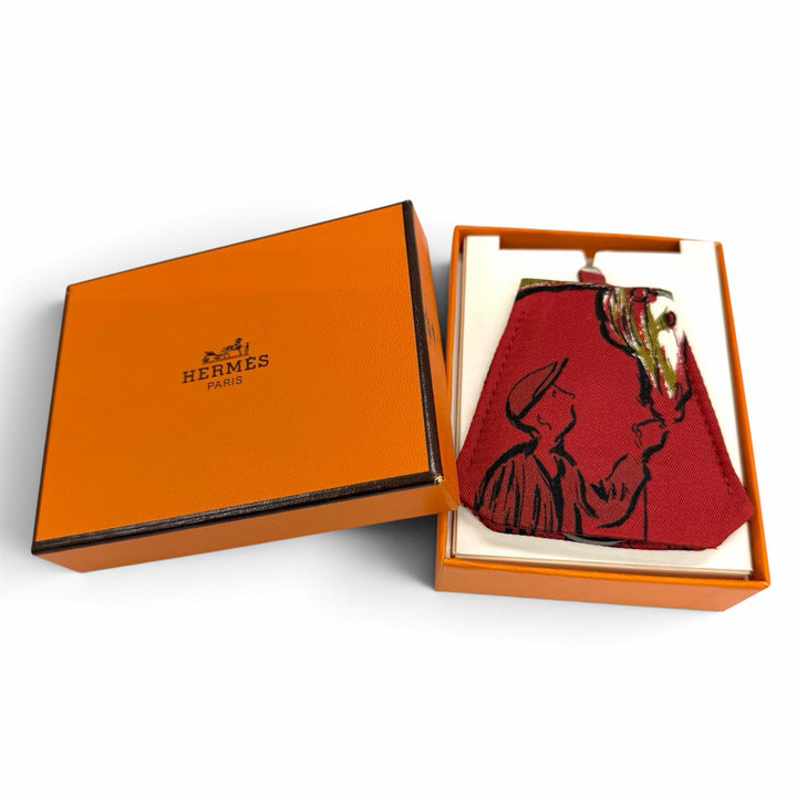 Excellent HERMES Clochette Necklace Mirror Pendant Accessory Red silk Women