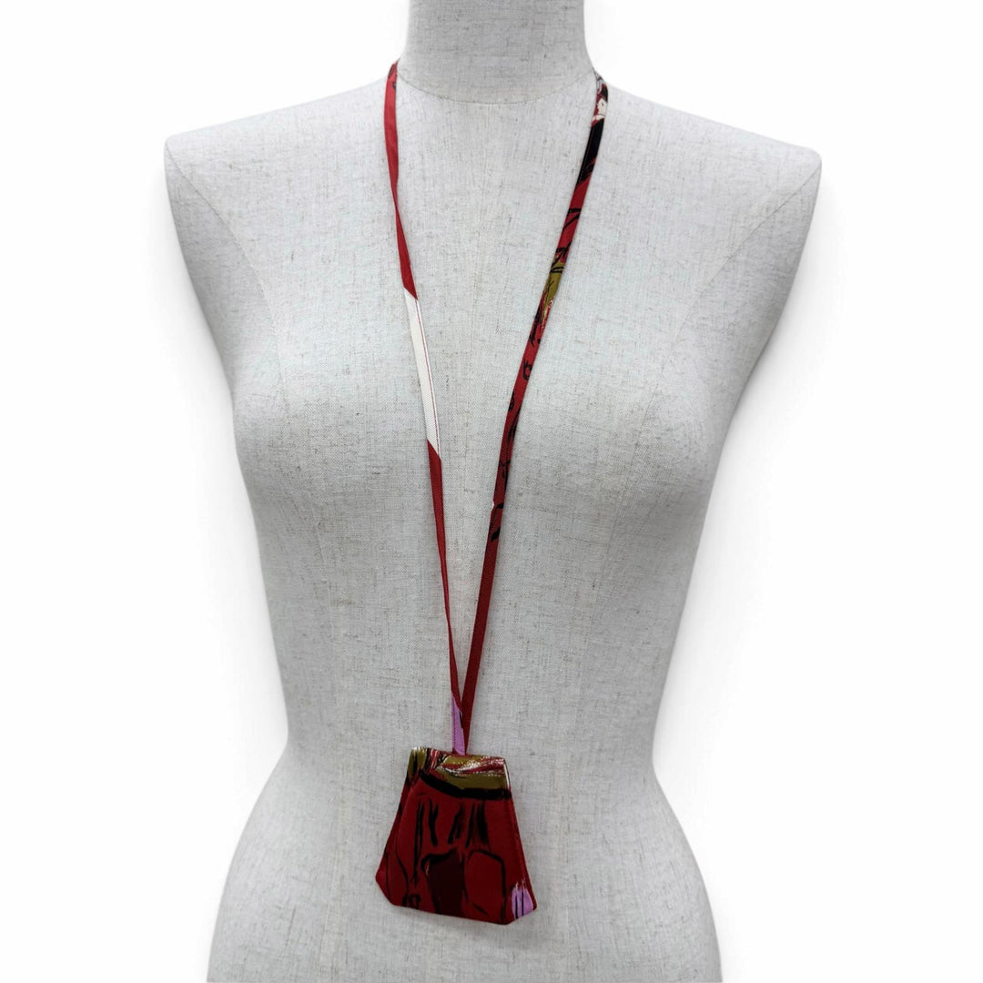 Excellent HERMES Clochette Necklace Mirror Pendant Accessory Red silk Women