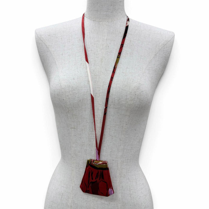 Excellent HERMES Clochette Necklace Mirror Pendant Accessory Red silk Women