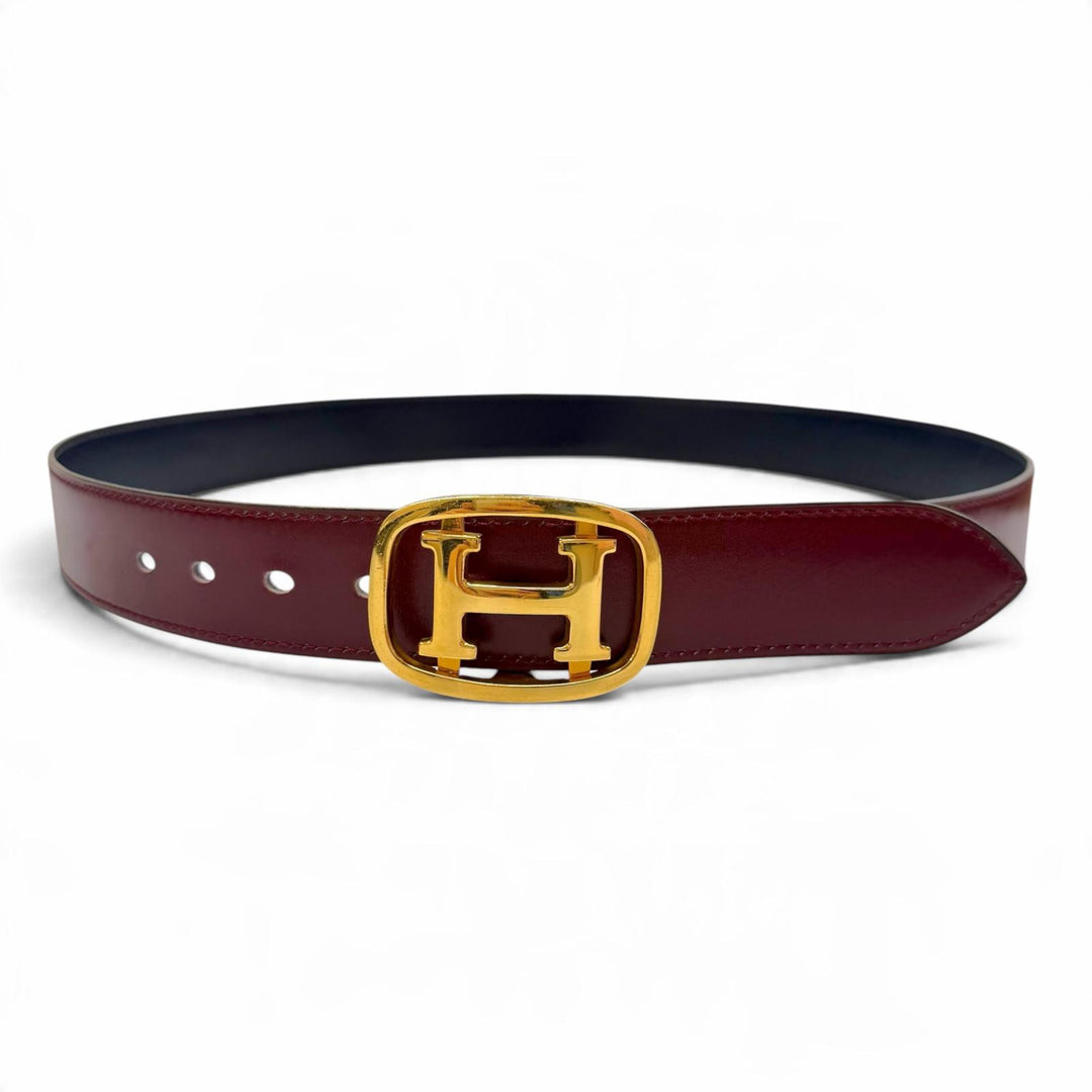 Great HERMES belt H logo buckle, reversible Navy leather mens