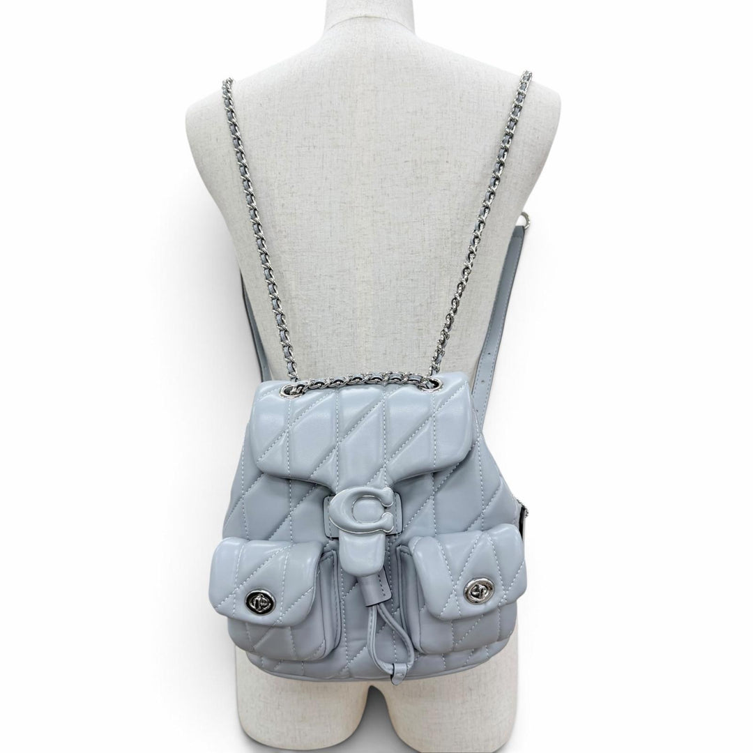 Pristine COACH Backpack Daypack Tabby Quilted Chain Shoulder Leather Blue gray