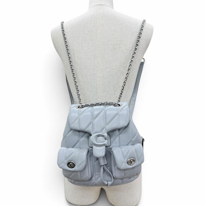 Pristine COACH Backpack Daypack Tabby Quilted Chain Shoulder Leather Blue gray
