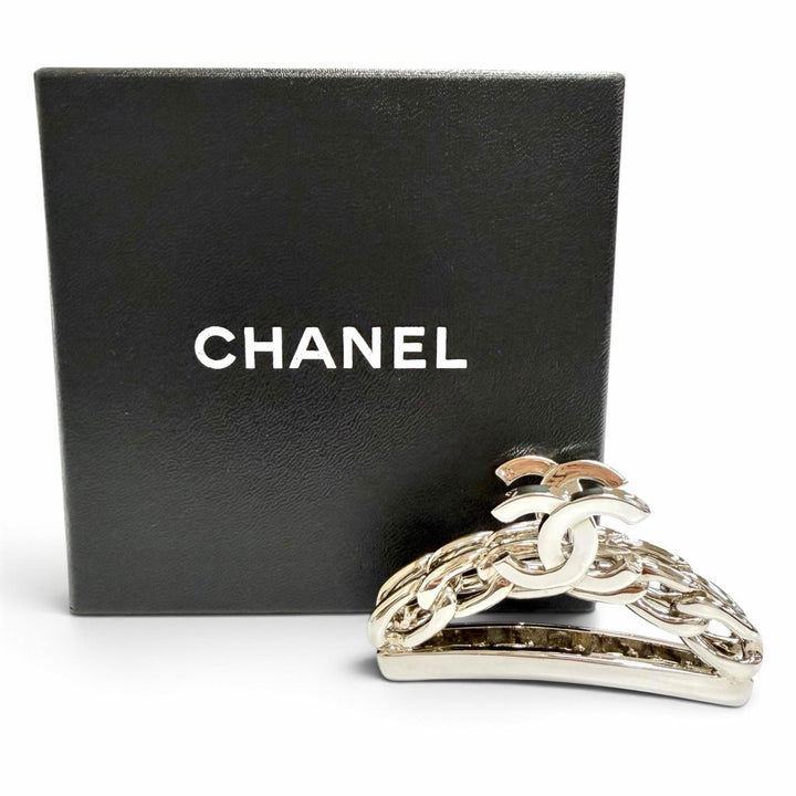Great CHANEL COCO Mark Chain Motif Hair Clip Hair Accessory Silver 98P A09795