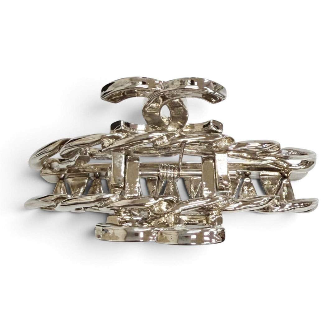 Great CHANEL COCO Mark Chain Motif Hair Clip Hair Accessory Silver 98P A09795