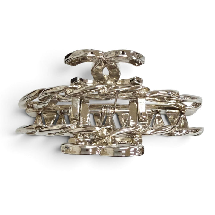 Great CHANEL COCO Mark Chain Motif Hair Clip Hair Accessory Silver 98P A09795