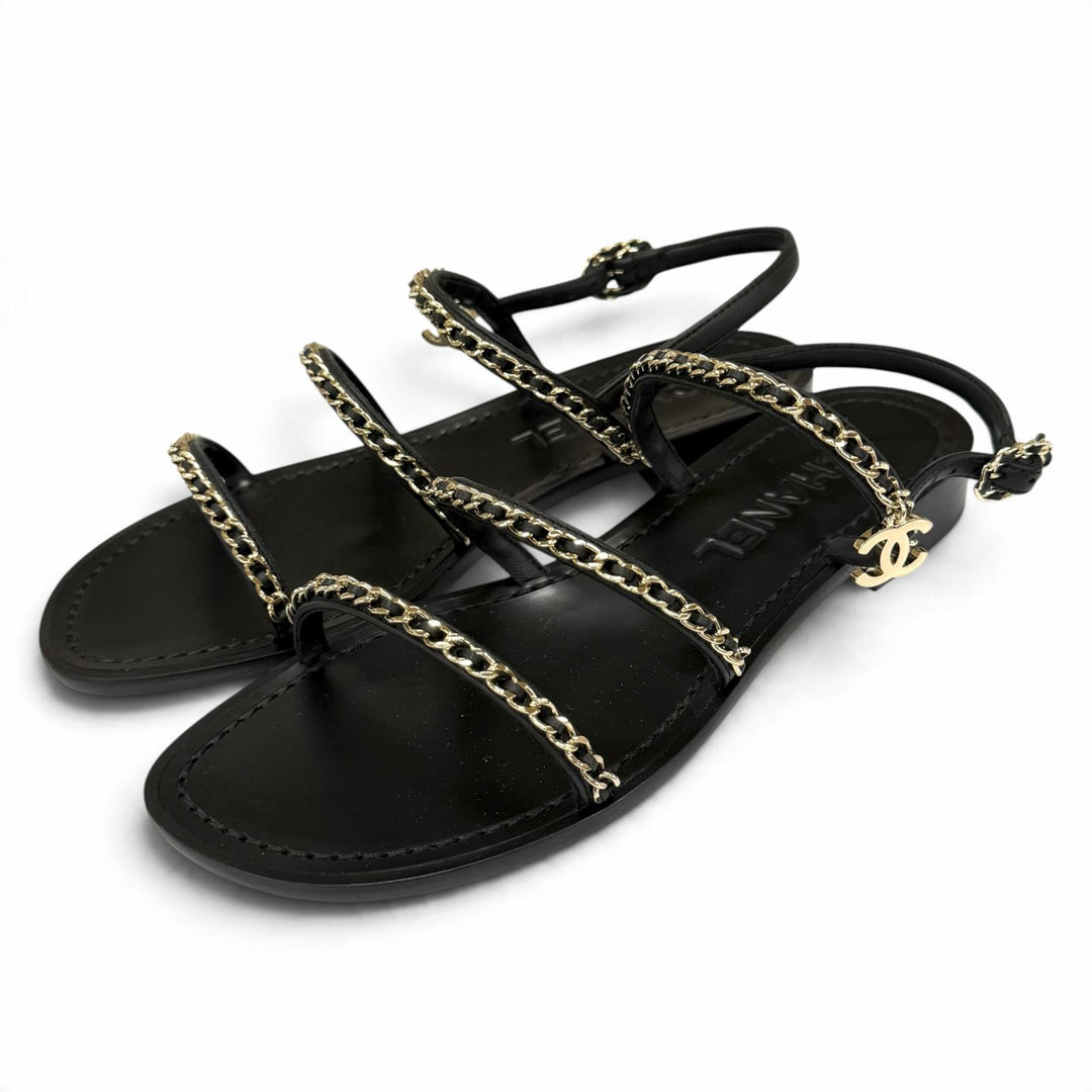 Pristine CHANEL Sandals COCO MarkChain Leather black leather Women IT 38 G45667