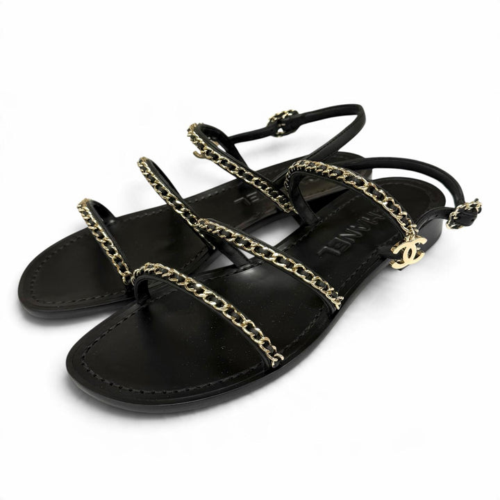 Pristine CHANEL Sandals COCO MarkChain Leather black leather Women IT 38 G45667