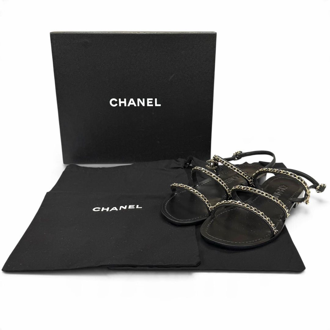 Pristine CHANEL Sandals COCO MarkChain Leather black leather Women IT 38 G45667