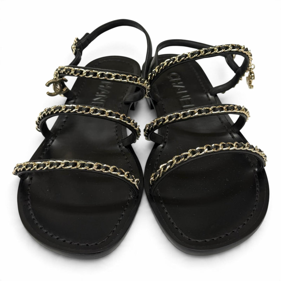 Pristine CHANEL Sandals COCO MarkChain Leather black leather Women IT 38 G45667