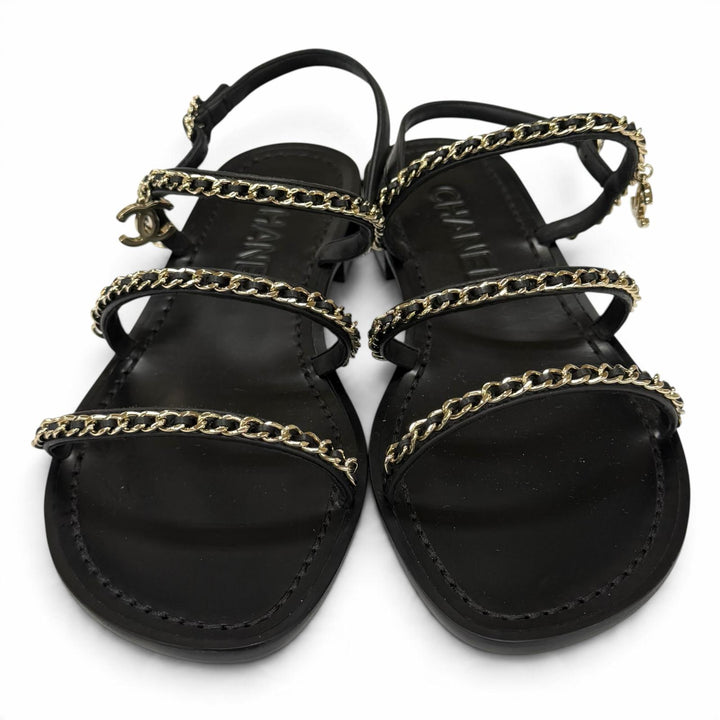 Pristine CHANEL Sandals COCO MarkChain Leather black leather Women IT 38 G45667