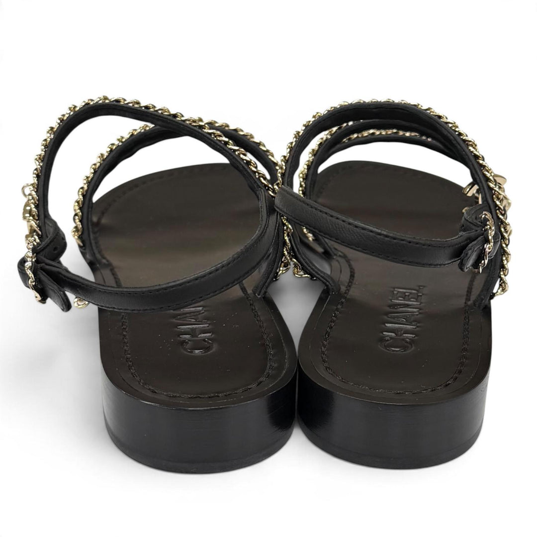 Pristine CHANEL Sandals COCO MarkChain Leather black leather Women IT 38 G45667