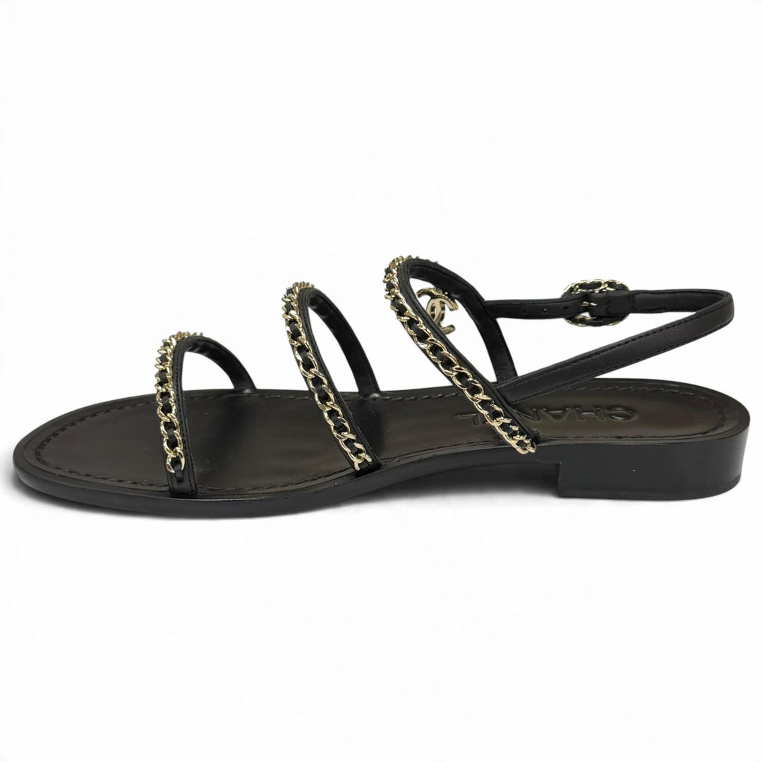 Pristine CHANEL Sandals COCO MarkChain Leather black leather Women IT 38 G45667