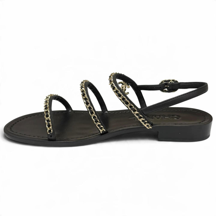 Pristine CHANEL Sandals COCO MarkChain Leather black leather Women IT 38 G45667