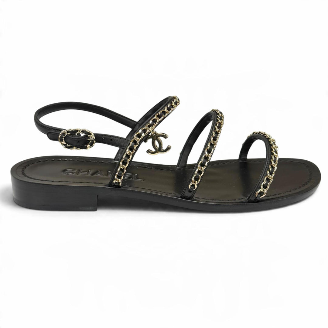 Pristine CHANEL Sandals COCO MarkChain Leather black leather Women IT 38 G45667