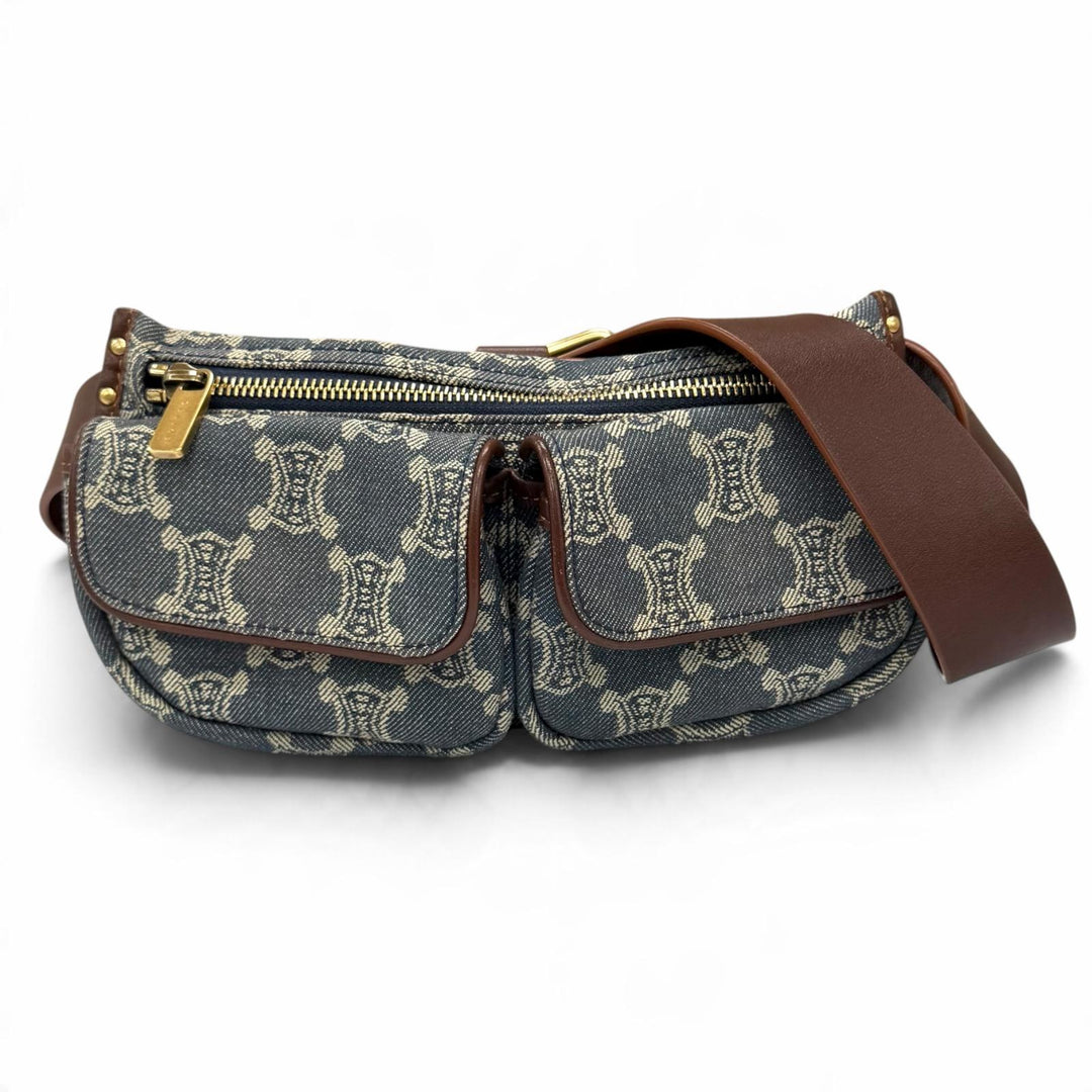 Excellent CELINE Waist bag Old Celine Macadam Pattern Studded Leather Denim