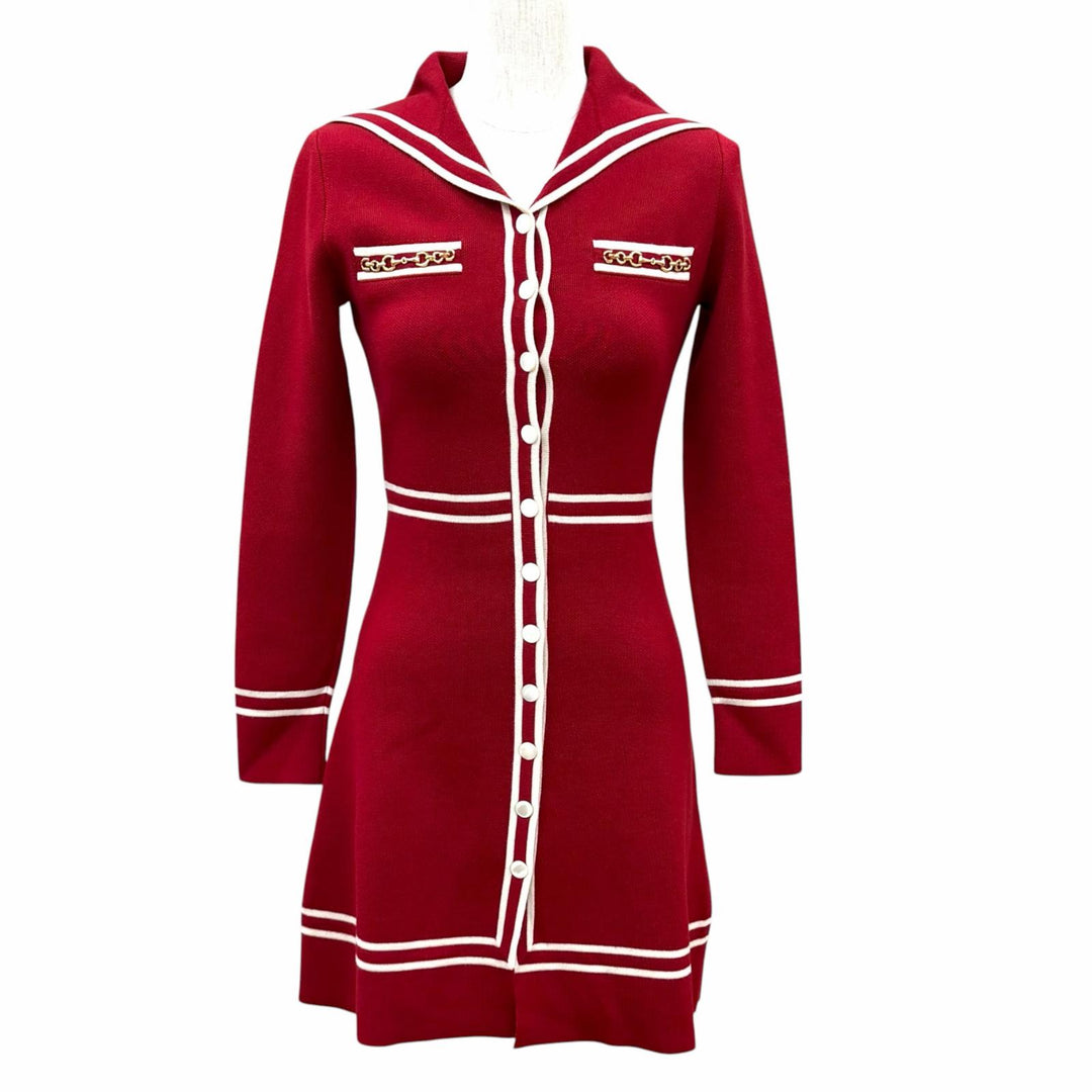 Pristine GUCCI one piece Horsebit Contrast Trim Dress Red wool Women 644564
