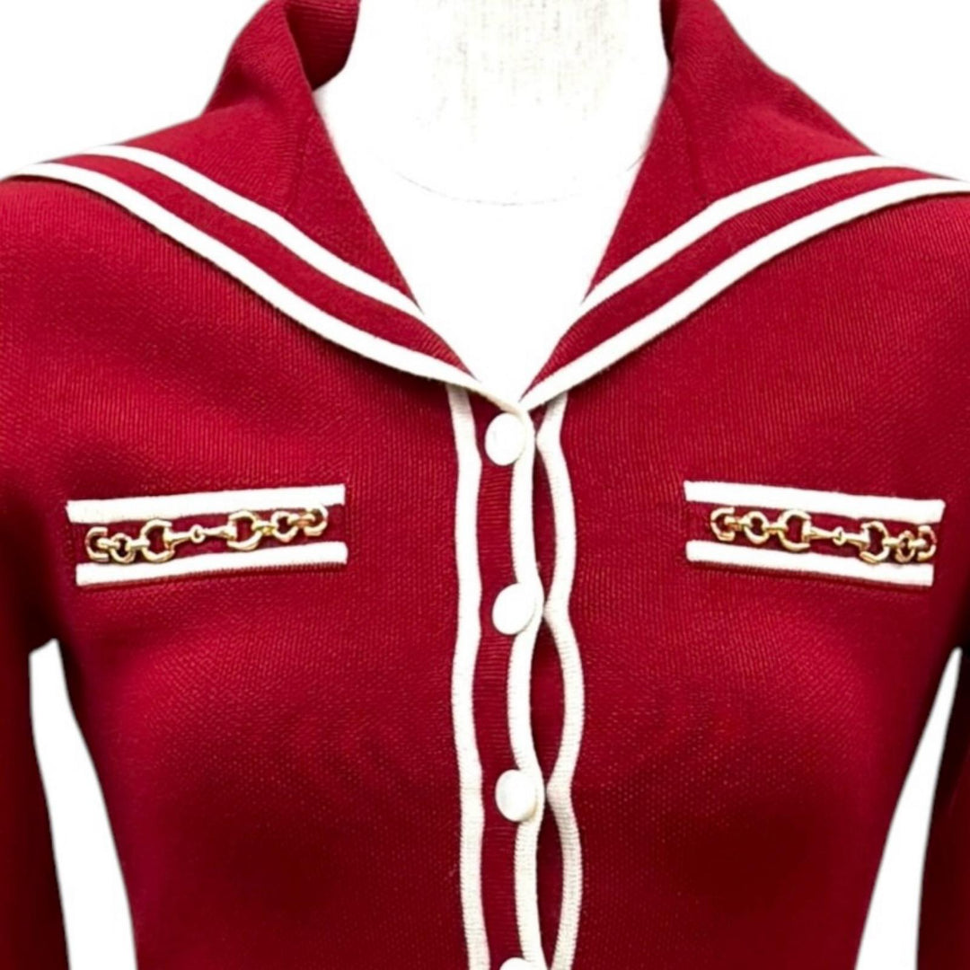 Pristine GUCCI one piece Horsebit Contrast Trim Dress Red wool Women 644564