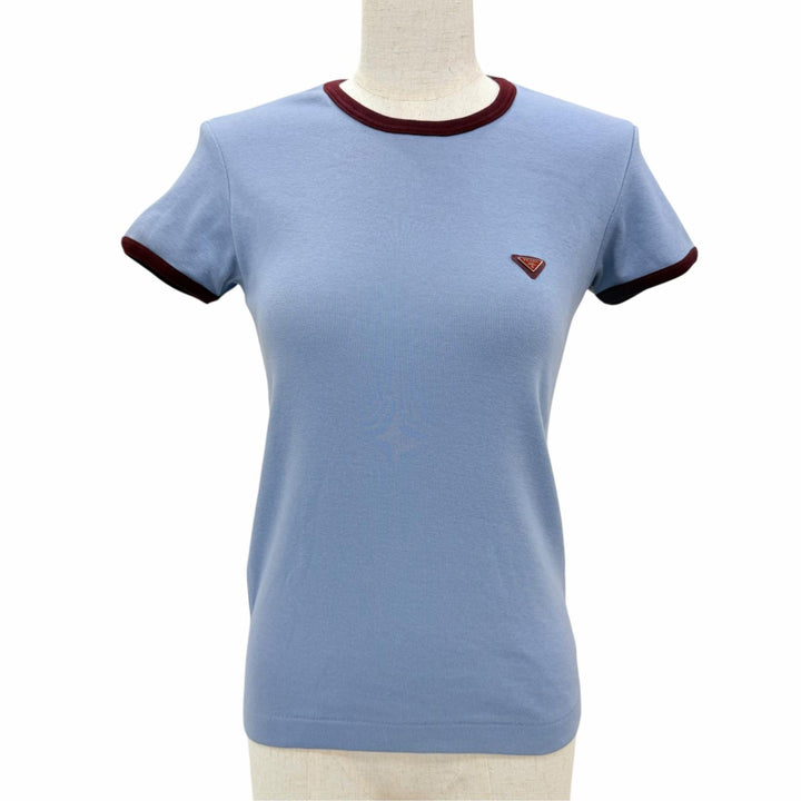 Excellent PRADA Short sleeve T-shirt Triangle logo rib knit blue IT 36 39658