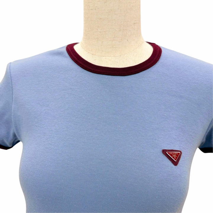 Excellent PRADA Short sleeve T-shirt Triangle logo rib knit blue IT 36 39658