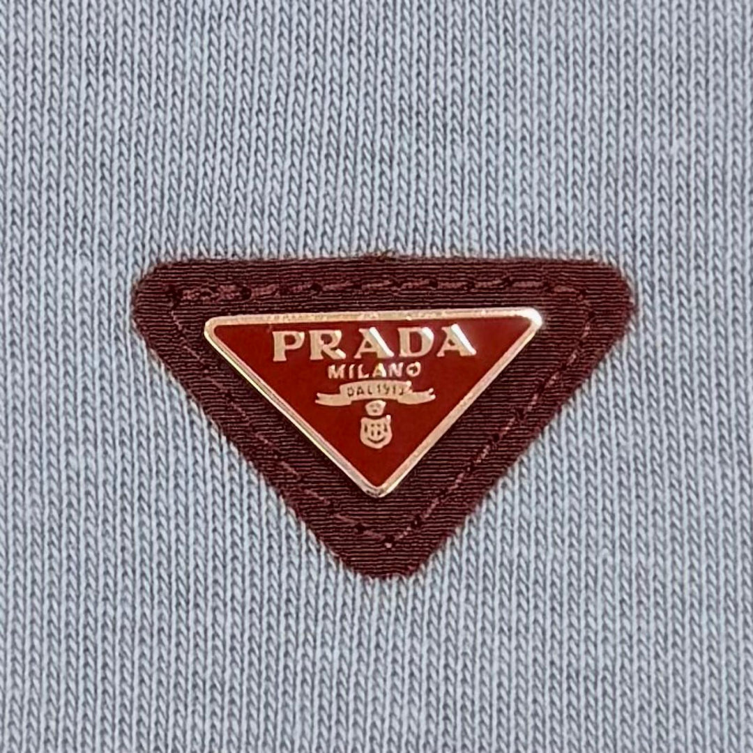 Excellent PRADA Short sleeve T-shirt Triangle logo rib knit blue IT 36 39658