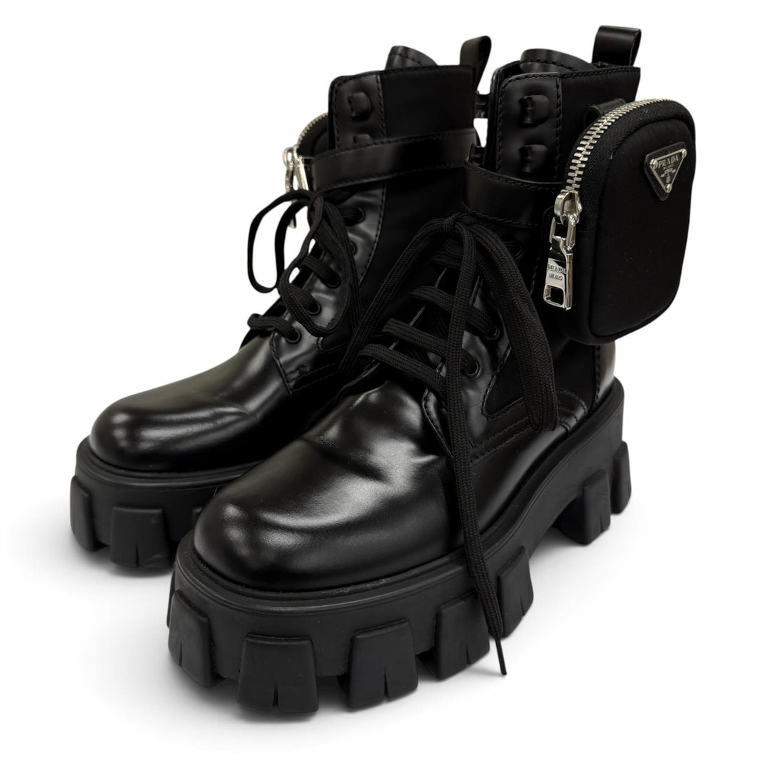 Great PRADA short boots monolith Triangle logo pouch included black leather 35