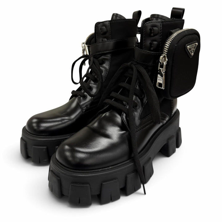 Great PRADA short boots monolith Triangle logo pouch included black leather 35