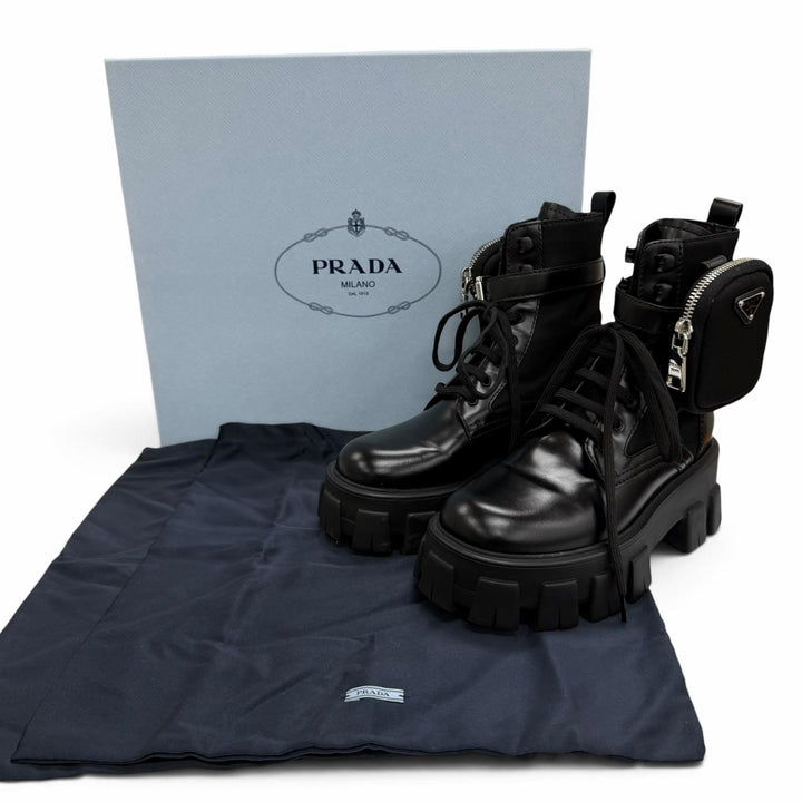 Great PRADA short boots monolith Triangle logo pouch included black leather 35